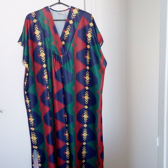 Vintage 70's Maxi Caftan Boho Hippie Geometric Green Yellow Red Blue - Picture 2 of 3